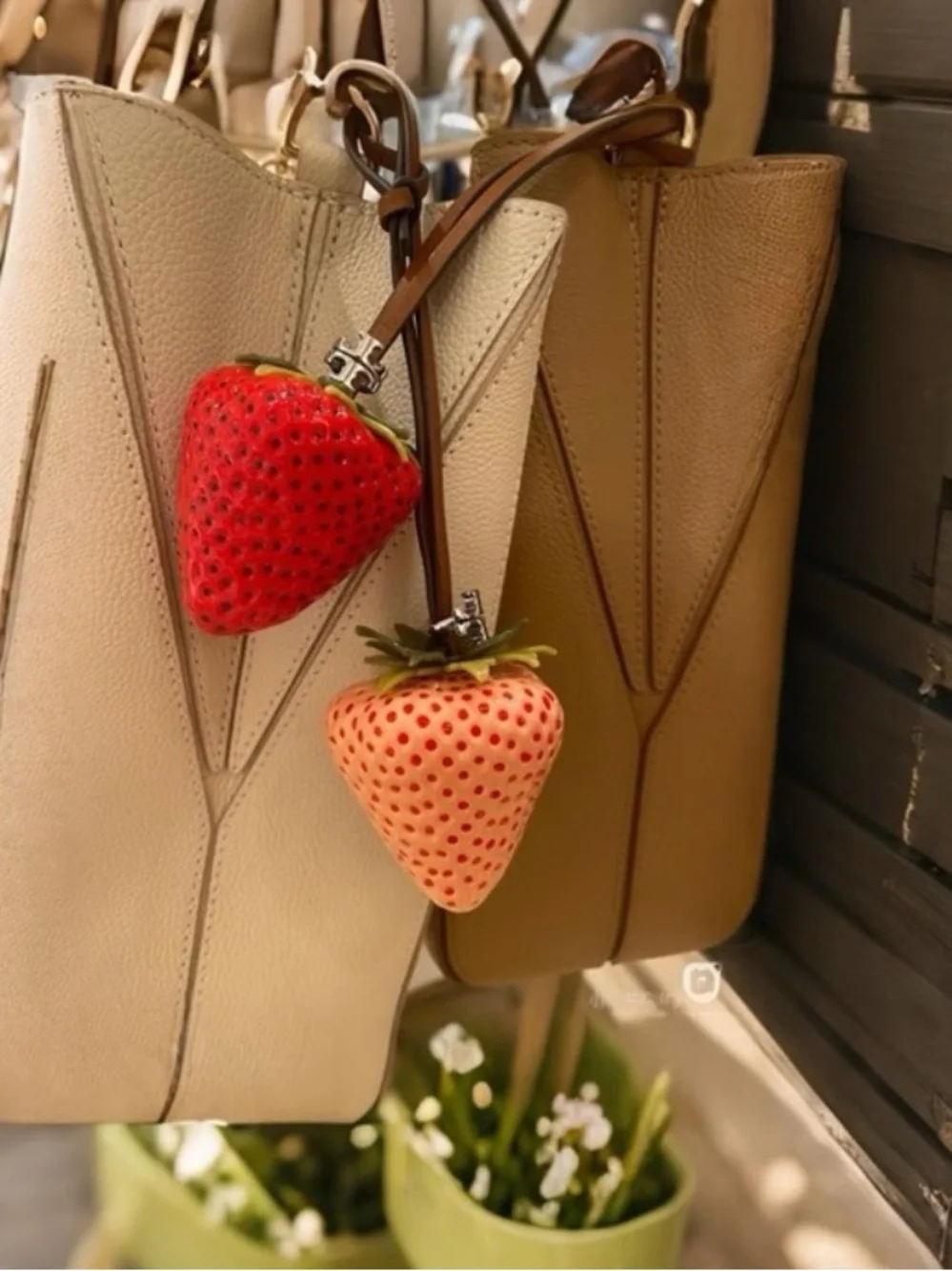 Tory Burch Pink Strawberry Bag Charm with Brown Strap